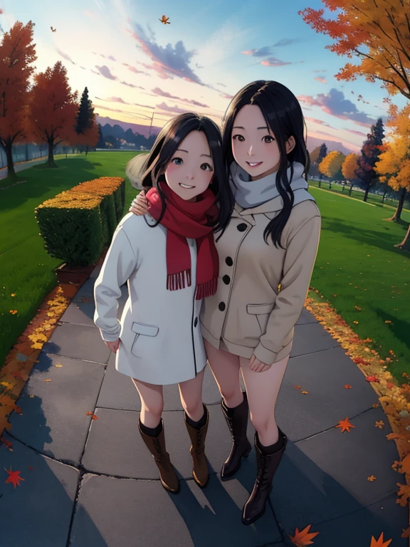 masterpiece， top quality， high image quality，( super flat， Flat Shading )， fisheye lens，Beautiful young mother and lovely daughter， warm scarf ， (naked)， long hair， boots, smile, smile，White Breath，fun, play，White Breath，Autumn park garden， Fall Leaves ，Autumn sky，At dusk，Beautiful sunset，Wide angle，   bright color，watercolor, Ghibli style，Strong winds， Girl Temptation，