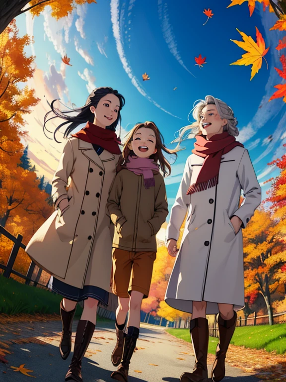 masterpiece， top quality， high image quality，( super flat， Flat Shading )， fisheye lens，Beautiful young mother and lovely daughter， warm scarf ， (naked)， long hair， boots, smile, smile，White Breath，fun, play，White Breath，Autumn park garden， Fall Leaves ，Autumn sky，At dusk，Beautiful sunset，Wide angle，   bright color，watercolor, Ghibli style，Strong winds， Girl Temptation，