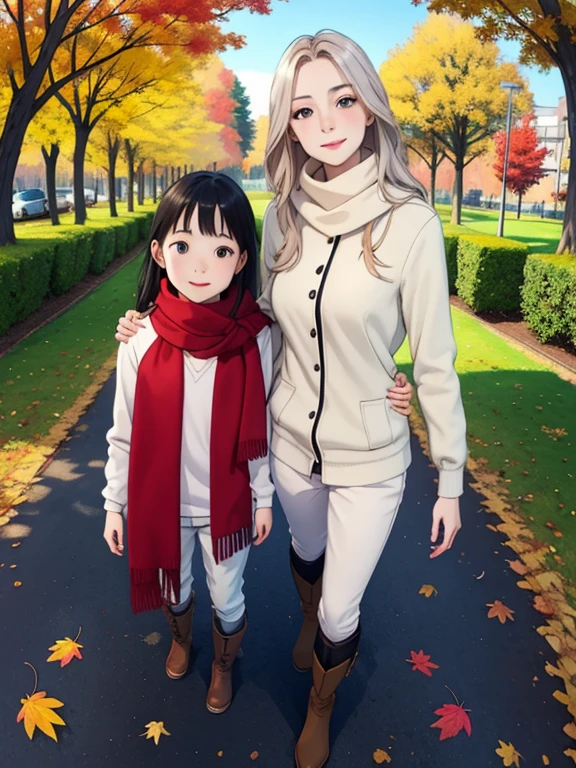 masterpiece， top quality， high image quality，( super flat， Flat Shading )， fisheye lens，Beautiful young mother and lovely daughter， warm scarf ， (naked)， long hair， boots, smile, smile，White Breath，fun, play，White Breath，Autumn park garden， Fall Leaves ，Autumn sky，At dusk，Beautiful sunset，Wide angle，   bright color，watercolor, Ghibli style，Strong winds， Girl Temptation，