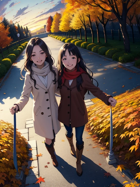 masterpiece， top quality， high image quality，( super flat， Flat Shading )， fisheye lens，Beautiful young mother and lovely daughter， warm scarf ， (naked)， long hair， boots, smile, smile，White Breath，fun, play，White Breath，Autumn park garden， Fall Leaves ，Autumn sky，At dusk，Beautiful sunset，Wide angle，   bright color，watercolor, Ghibli style，Strong winds， Girl Temptation，