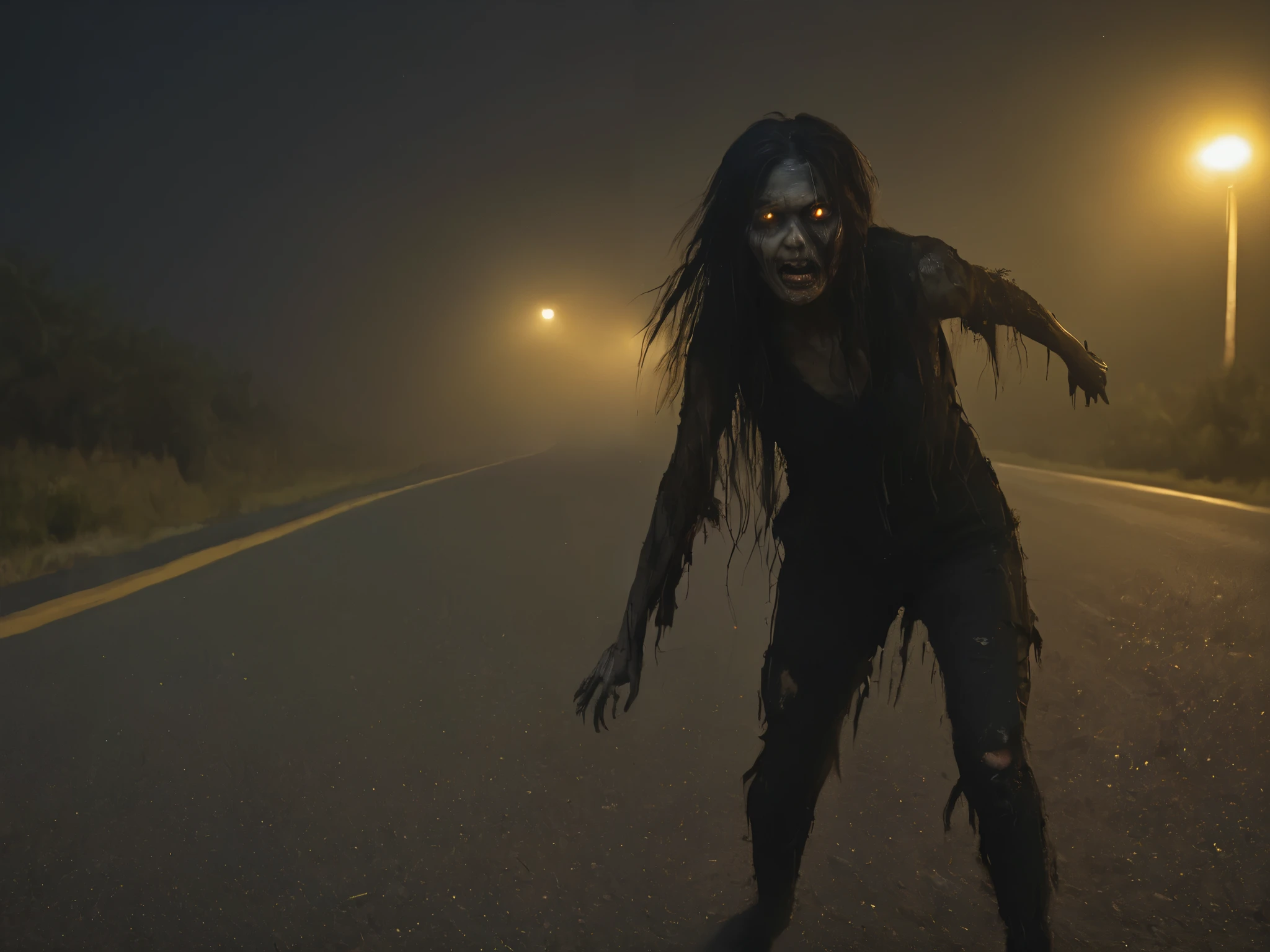 a woman monster chasing someone on the side of the hiway road , night environment, yellow eyes , long black hair, wearing all black ragged clothes , night time, dark , night , hyper realistic horror , UHD.