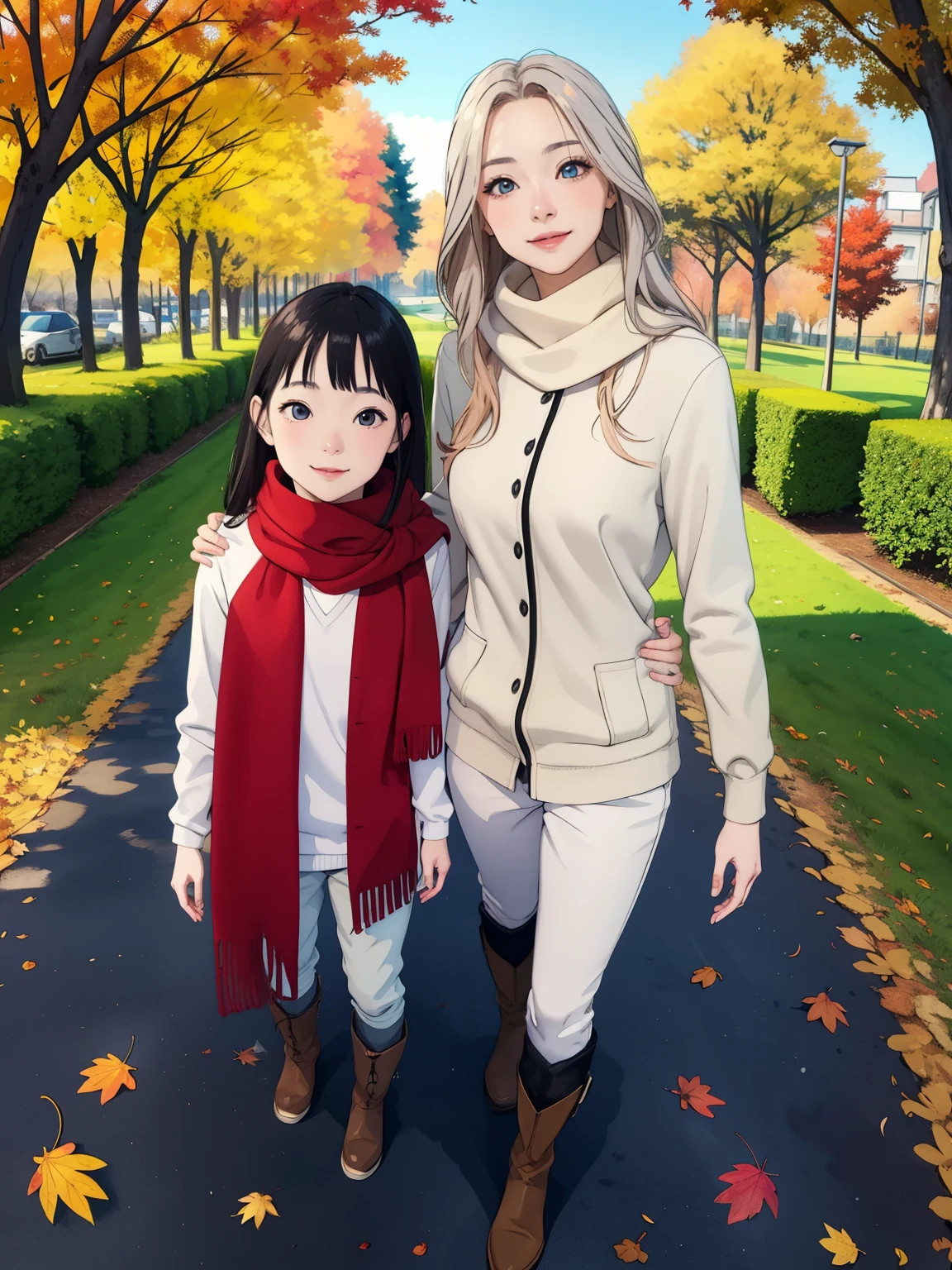 masterpiece， top quality， high image quality，( super flat， Flat Shading )， fisheye lens，Beautiful young mother and lovely daughter， warm scarf ， (naked)， long hair， boots, smile, smile，White Breath，fun, play，White Breath，Autumn park garden， Fall Leaves ，Autumn sky，At dusk，Beautiful sunset，Wide angle，   bright color，watercolor, Ghibli style，Strong winds， Girl Temptation，