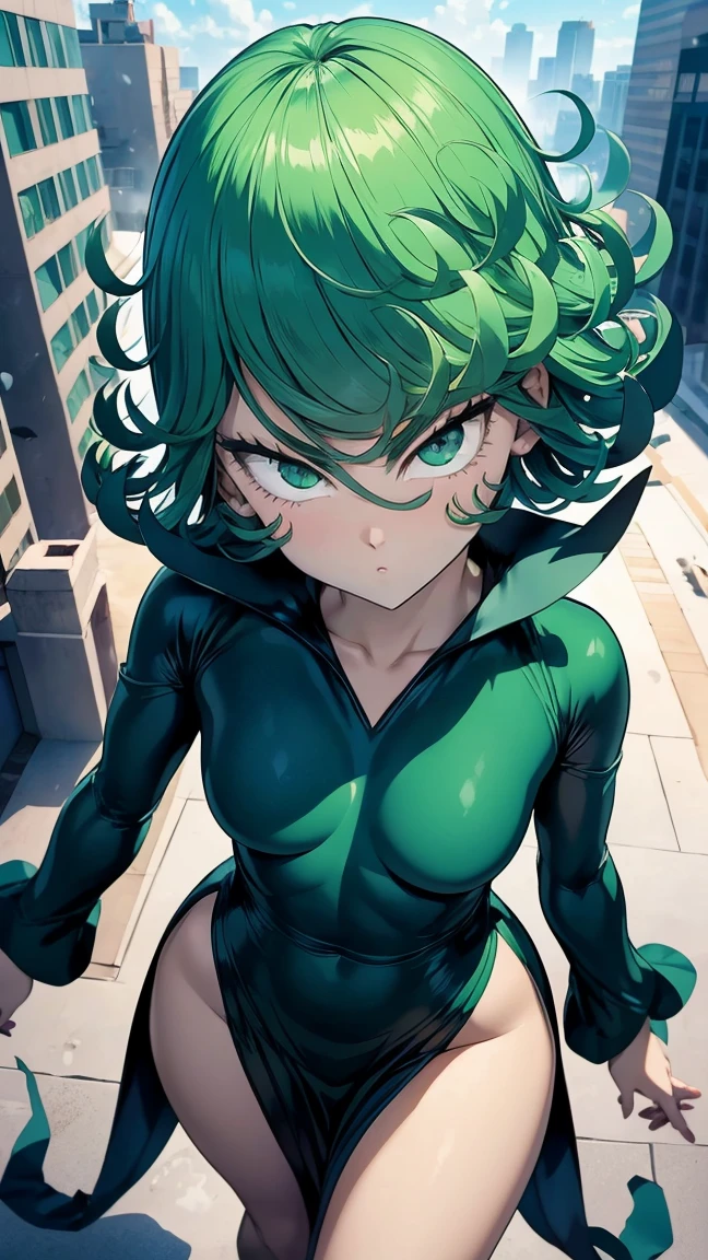 masterpiece, best quality, anime girl with green short curly hair wearing a black outfit, tatsumaki from one punch man, tatsumaki, both hands straight above head, showing Armpit, detailed Armpit, detailed body, detailed face, detailed eyes