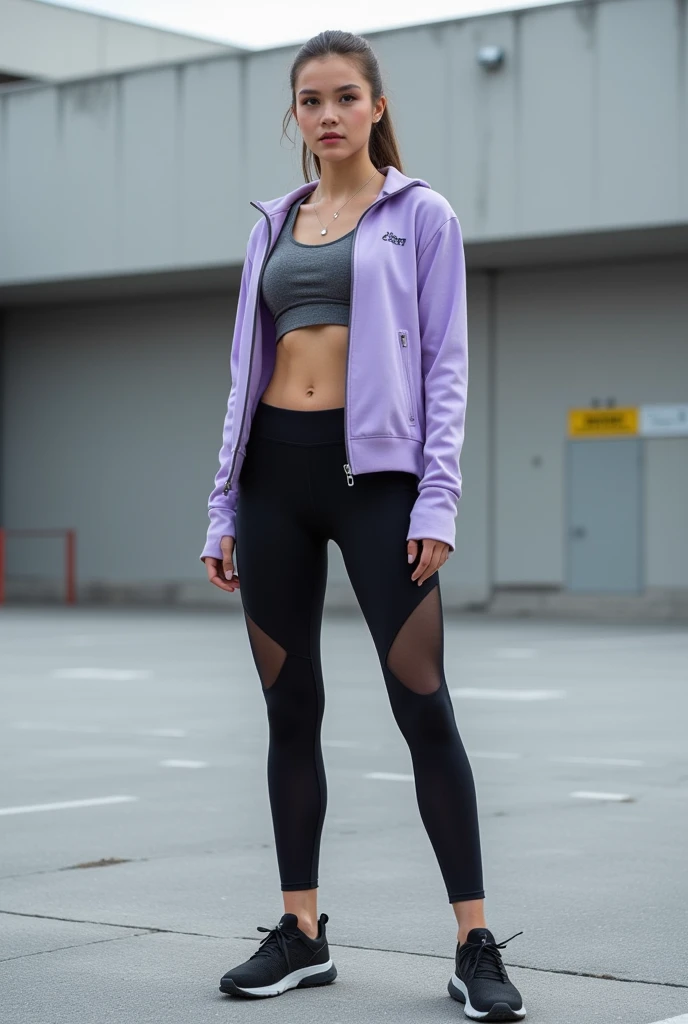 A full-length shot of a woman wearing a light purple zip-up jacket over a dark gray/black athletic top and black leggings with mesh panels, standing on a gray parking lot, with a hint of  parking lines visible beneath her.