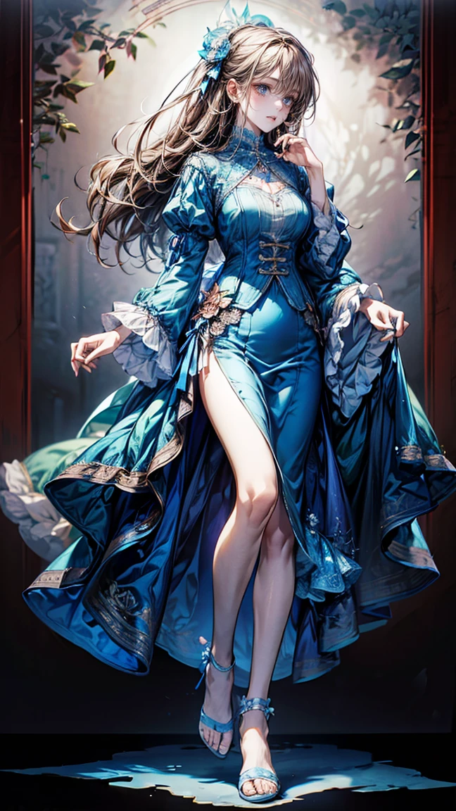 Full-body view, magazine cover-style shot, 8K resolution, high detail, around 20 years old, (one female), medium-length hair, brown hair, light blue eyes, lolita-style outfit, translucent fabric accents, light blue gemstone embellishments, ((UHD, masterpiece, super detail, best quality, highres, 8k)), (detailed line art), perfect face, perfect body, perfect hands, perfect feet.