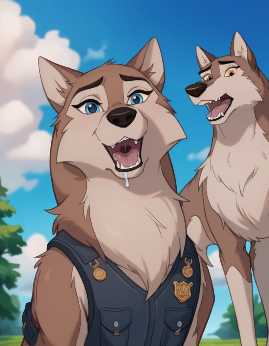 score_9, score_8_up, score_7_up, , open mouth, outdoors, sky, day, blue sky, no humans, dog, animal focus, animalization, 1girl, wolf, animal, ver long body fur, three tone fur, drooling, wearing a bulletproof dog vest Looking at viewer, 