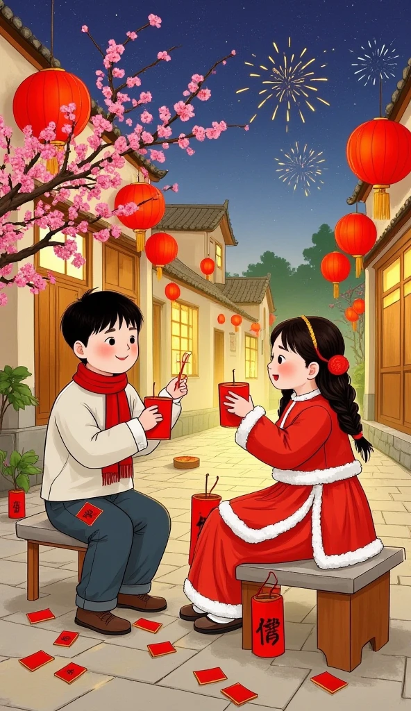  extremely fine face and skin ，Warm scene ，Perfect finger details，  a  cute girl and a  cute boy ，Sitting together，  share the joy of red bags 。 The whole picture is filled with tranquility and joy  ，  embodies the peaceful and vibrant year of the Chinese New Year  ，  perfectly blends tradition with modern vector style ，  shows the unique charm of the Chinese Chinese New Year  。