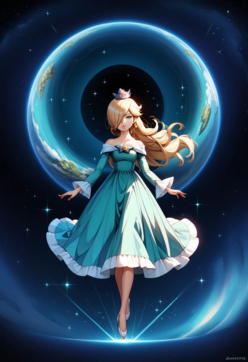 Perfect CG unity 8K UHD wallpaper, Perfect CG unity 8K UHD wallpaper, RslnDef, hair over one eye, crown, bare shoulders, off-shoulder dress, long sleeves, blue dress, long dress, aqua dress, full body, floating in space,