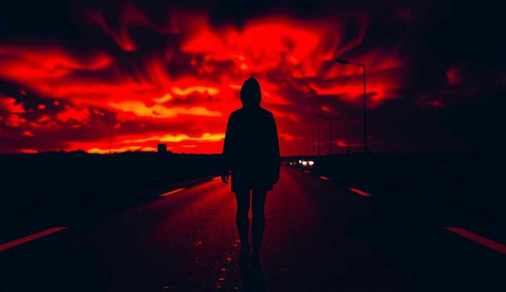 A highly detailed and dramatic image of a woman wearing a hijab, walking alone on a deserted highway. The atmosphere is eerie and unsettling, with a dark, ominous sky glowing red, reflecting the intensity of the surroundings. Fiery rain falls from the sky, creating sparks and small embers on the wet pavement. The woman's figure is illuminated by the faint glow of the fire, casting long shadows on the empty road. The scene captures a haunting and apocalyptic mood. 8K resolution, cinematic rendering. Camera: wide-angle lens, 35mm, front shot, volumetric lighting with fiery effects.