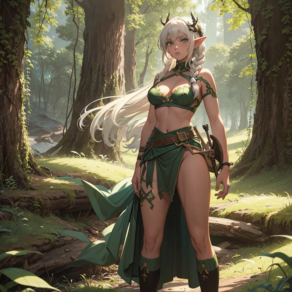 FULL BODY, perfect face, pretty face, elf, 1girl, forest, white hair, viking top braid, green eyes, leather, (skimpy low skirt), bare arms, (bare stomach),  (bare pelvis) , bare arms, short green cloak, dark, gritty,Holding a bow and arrow 