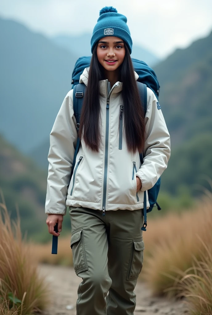 An Indonesian woman, 28 years old, with long straight black hair, a beautiful face, fair skin, a sharp nose, thin lips, and an oval face. SHe resembles someone of Arabic descent. He is wearing a zipped up white jacket, blue cargo pants, black mountain shoes, blue beannie, carrying blue big mountain backpack, walking facing forward, facing camera . Front view. , litle smile. White Natural light. Background is mountain. Full body head to shoes. Wearing black shoes she is walking