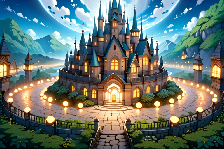 (masterpiece, ultra detailed, top quality:1.4), (Studio Ghibli, animation, PEAnimeBG), (huge peach moons, huge medieval European castle town:1.4), distant night view from above.