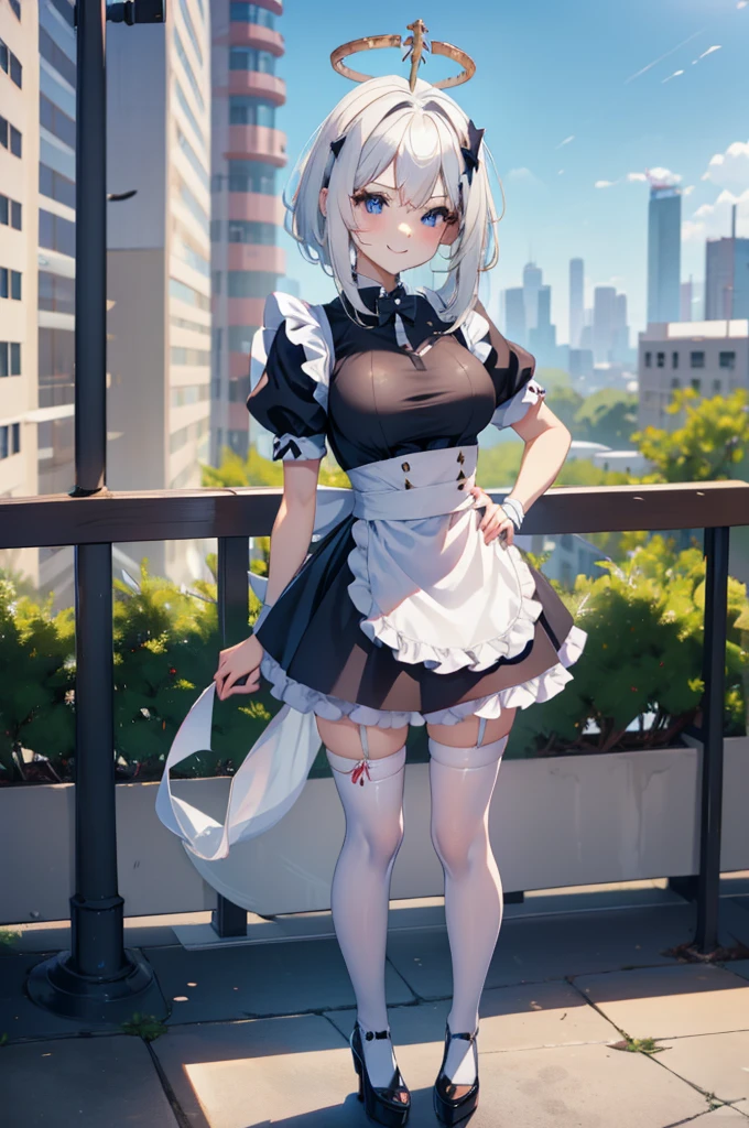 a cute solo femboy , trap,paimon gi, single thighhigh, thighhighs, halo, , hair between eyes ,white hair,sexy medium breast ,wearing a japan maid dress ,short pants ,short under dress ,black stockings,maid shoes,face red and embarrassed,smile ,standing on platform sexy pose ,in a downtown city at morning time, full body .