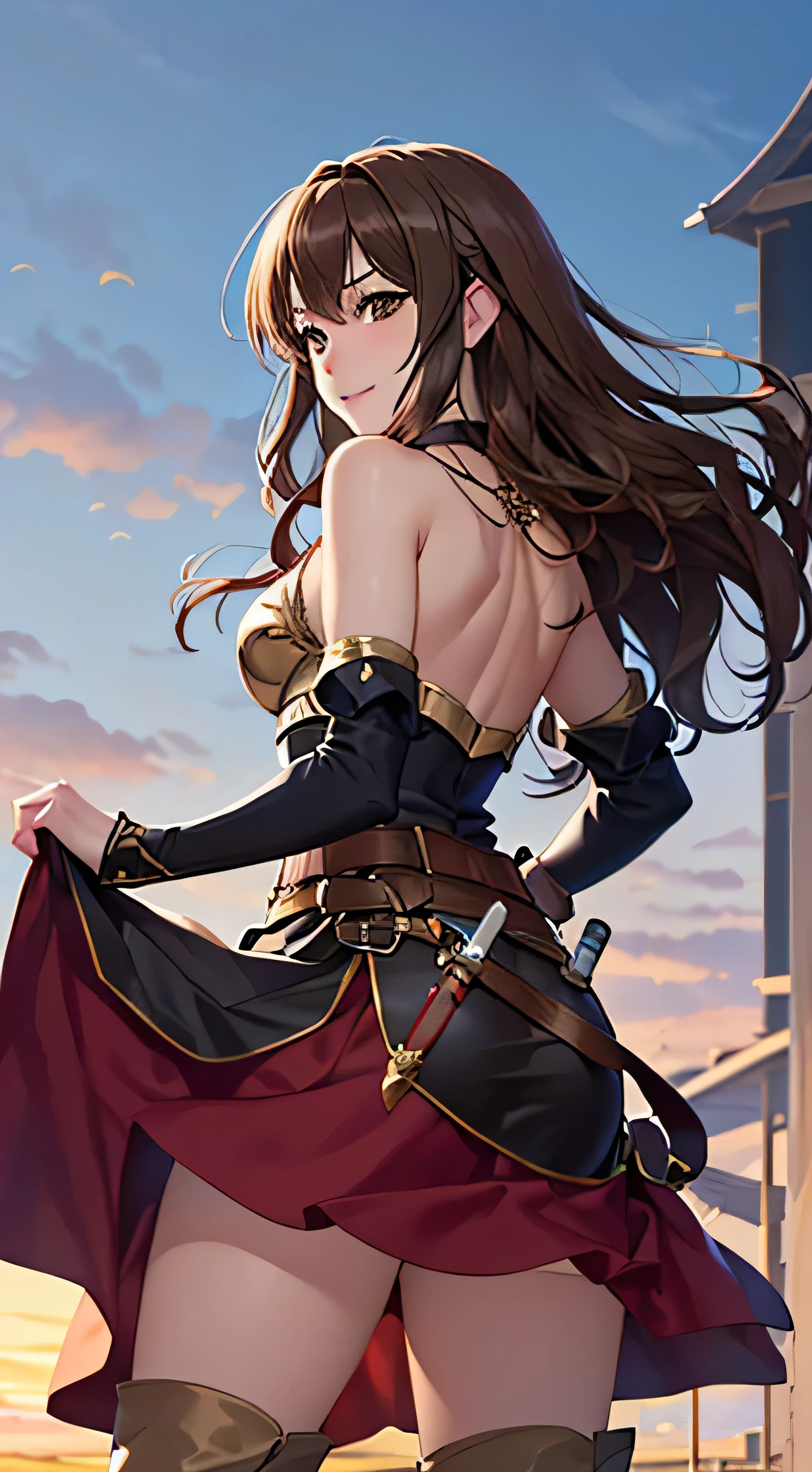 (( , top quality, , pixel perfect, 4K,))), 1 female , 、 (( mid-length wavy hair 、, Light Brown Hair 、 )), (( brown eyes , Beautiful eyelashes , realistic eyes)), (( detailed face , )), (( smooth texture:0.75, realistic texture:0.65, realistic :1.1, anime CG style)), pose using medium bust , dynamic angle , perfect body , (( , ,, , , , Red and black dress , red and black long flared skirt holding a thin saber for women,Gold Shoulder Armor 、The wind blows from below and lifts the skirt、 Knee High Boots , Gold and Black Arm Guards , belt、 、)), 、 cross necklace 、 Looking Back 、 (large grassland)、The ocean can be seen in the distance 、、、 、 cute smile、 , 、、、、、、)