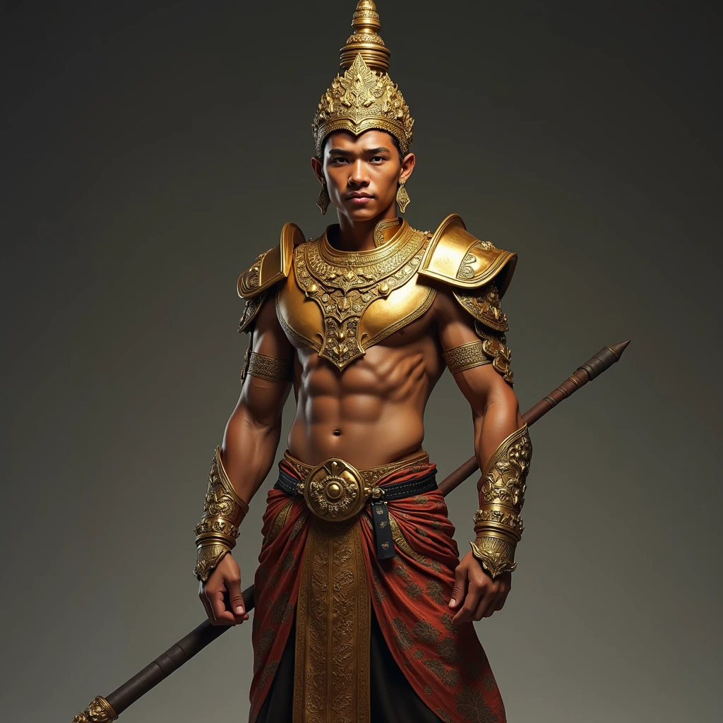 man,Short hair, no shirt,,No shoes while standing.Thai warrior costume holding a sword,Ayutthaya ,Ayutthaya period outfit