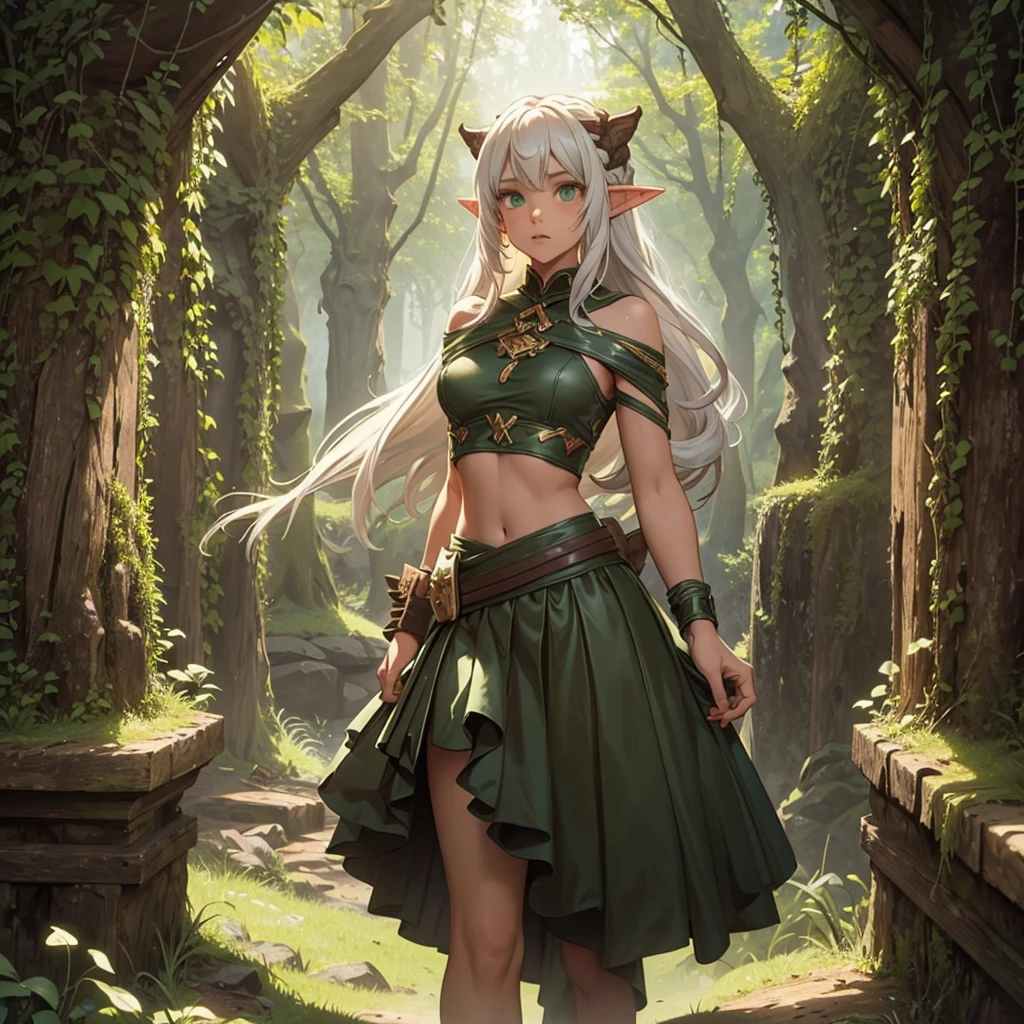 FULL BODY, perfect face, pretty face, elf, 1girl, forest, white hair, viking top braid, green eyes, leather, (skimpy low skirt), bare arms, (bare stomach),  (bare pelvis) , bare arms, short green cloak, dark, gritty,Holding a bow