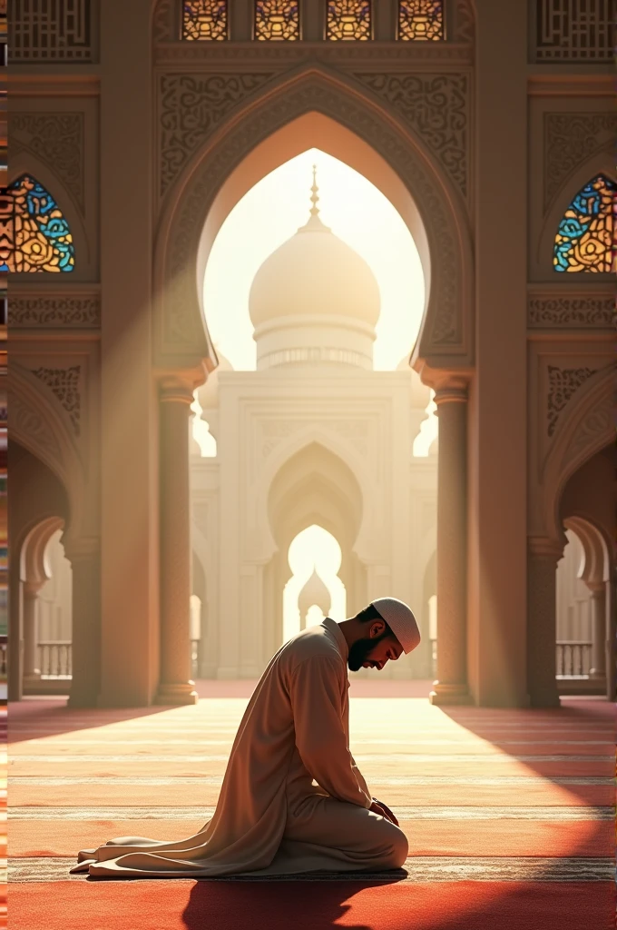 Create a very beautiful image, approximately 1400 years old, showing a very handsome and decent young man praying (offering Salah) his face is not seen in the image,while wearing Arabic attire. man should be very beautiful,The image should have a serene and peaceful atmosphere."