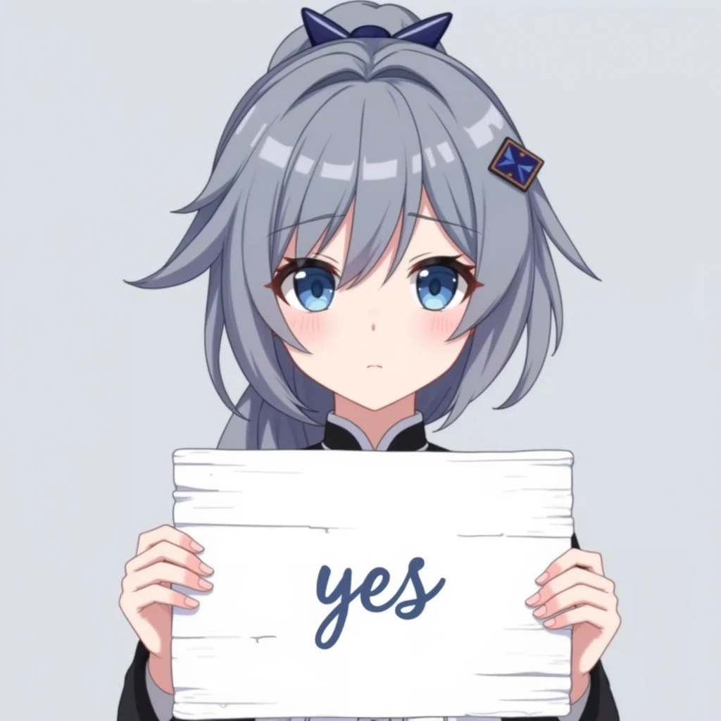 (grey background:1.2),looking at viewer,(SOLO:1.4),outline,simple background,upper body,looking at viewer,fu hua, fu hua cgver, long hair, bangs, blue eyes, hair between eyes, ponytail, hair ornament, grey hair, blue hair,
With a shy expression, holding a white wooden sign with "yes" written on it in both hands.