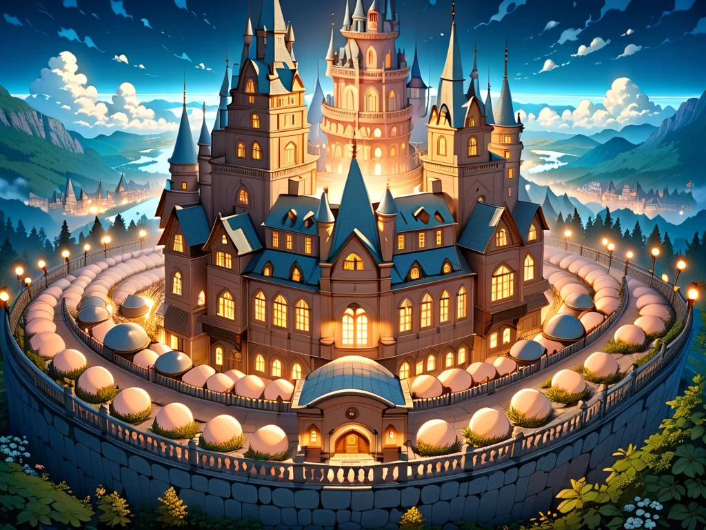 (masterpiece, ultra detailed, top quality:1.4), (Studio Ghibli, animation, PEAnimeBG), (huge peach moons, huge medieval European castle town:1.4), distant night view from above.