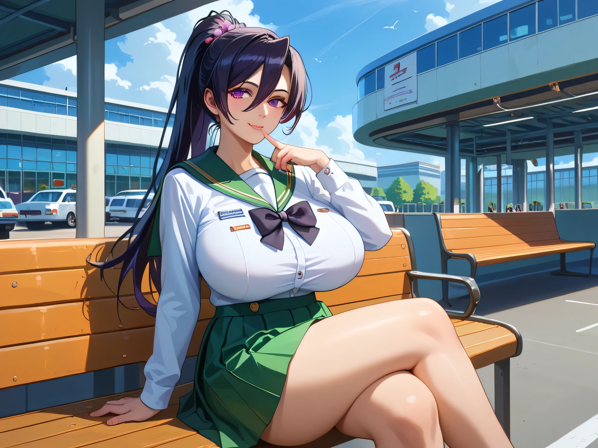 score_9, score_8_up, score_7_up, 1girl, looking at viewer, cowboy shot,
himejima akeno, stewardess，Dressed as a flight attendant， purple eyes, black hair, long hair, high ponytail, hair between eyes, serafuku, green skirt, pleated skirt, black bowtie, mature female, huge breasts, skindentation, lips, light smile, blush, sitting, on bench, crossed legs, finger to mouth, 
outdoors, airport, 