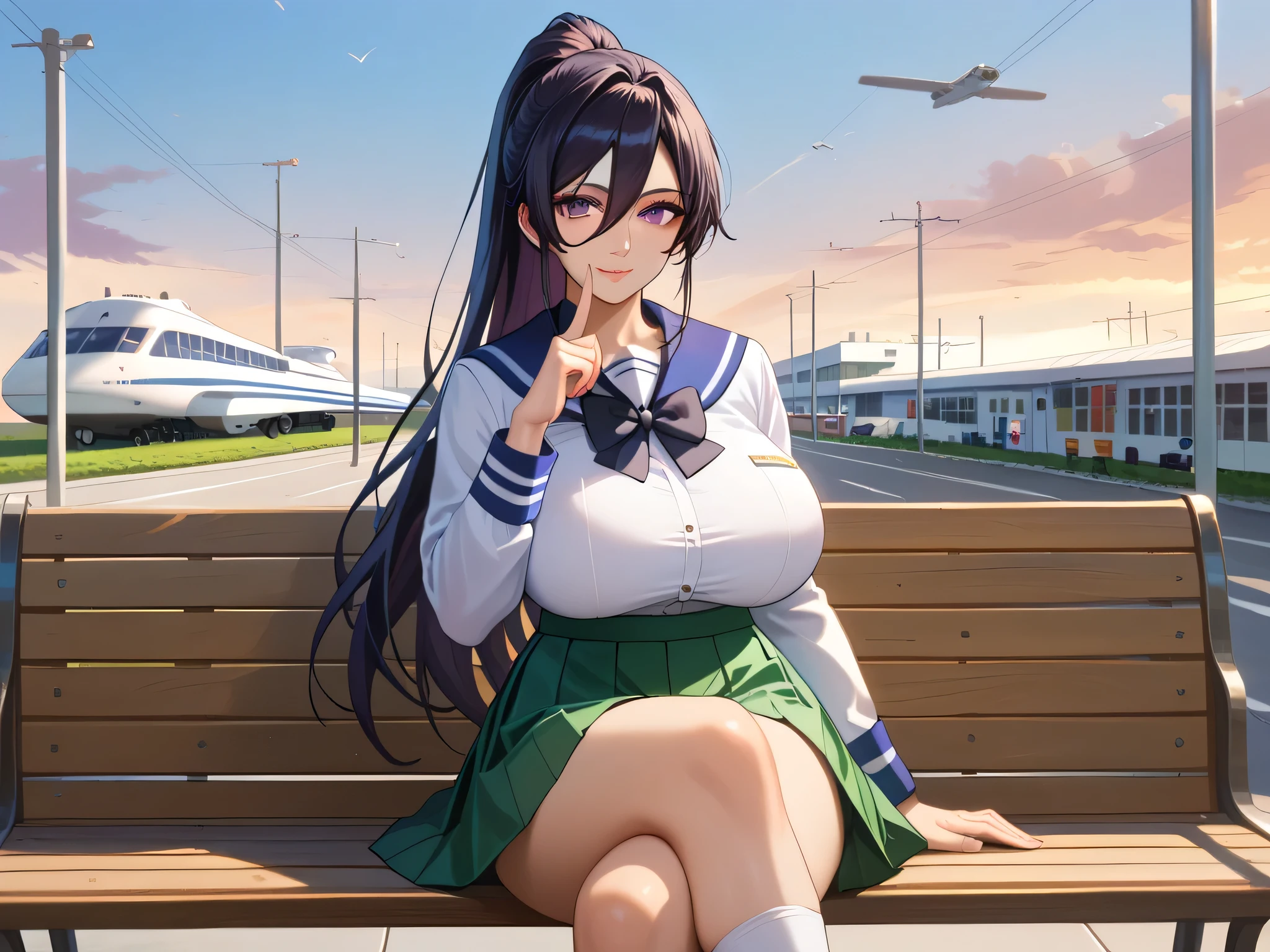 score_9, score_8_up, score_7_up, 1girl, looking at viewer, cowboy shot,
himejima akeno, stewardess，Dressed as a flight attendant， purple eyes, black hair, long hair, high ponytail, hair between eyes, serafuku, green skirt, pleated skirt, black bowtie, mature female, huge breasts, skindentation, lips, light smile, blush, sitting, on bench, crossed legs, finger to mouth, 
outdoors, airport, 