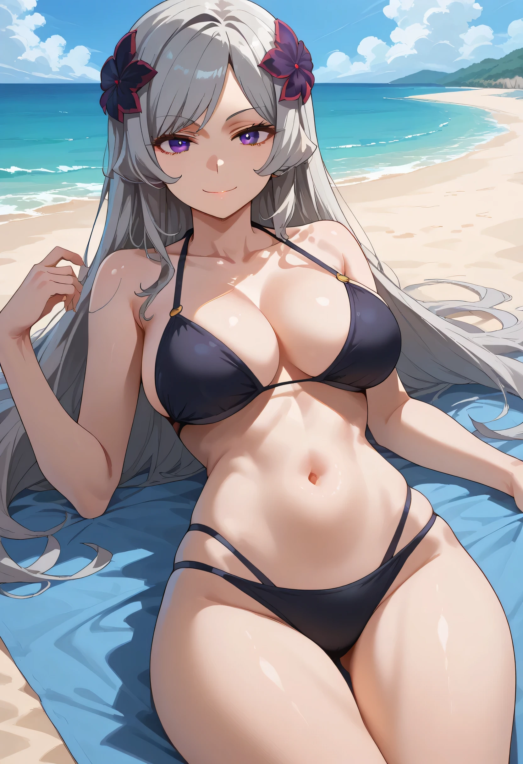 score_9,score_8_up,score_7_up,  freyadm, 1girl, bare shoulders, purple eyes, breasts, cleavage, closed mouth, collarbone, grey hair, hair ornament, big breasts, long hair, looking at viewer, navel, smile, solo, thighs, detailed background, beach, sea, black bikini, smile, looking at viewer, lying, on sunbed