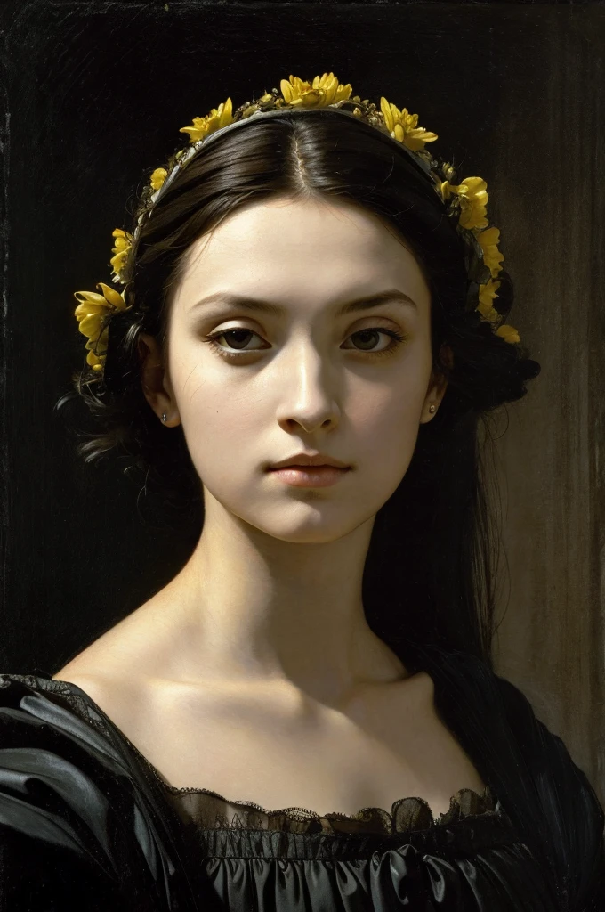 woman , dark style ,portrait, beautiful woman, beautiful female queen,hold yellow flowers ,eyeliner,portrait, Caravaggio's paintings、Chiaroscuro of Caravaggio ,simple background