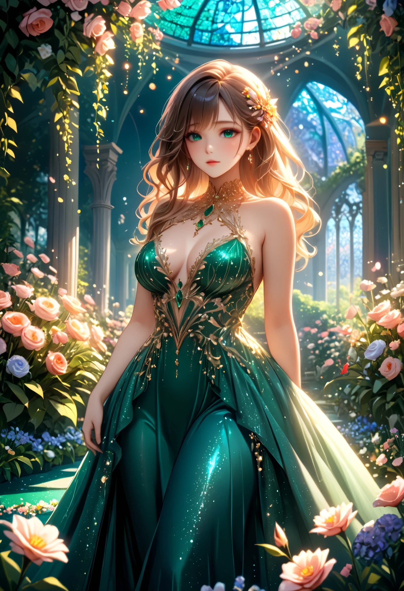 ( masterpiece fails), 8 k, ( complex ),  Best quality , score_9, score_8, score_7,  dramatic lighting , Beautiful details,  Maximum details ,  girl , ((beautiful dress)), It sparkles, Shine,  Beautiful Curvy Hair , decorations, flower garden, emerald floor ,  Very beautiful scenery, 