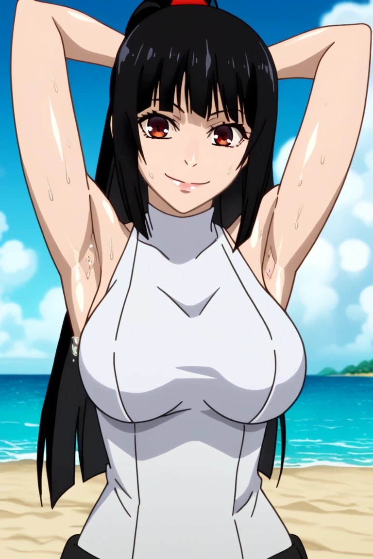 score_9, score_8_up, score_7_up, source_anime, anime screencap, 1girl, solo, jabami yumeko, ponytail, long hair, black hair, red eyes, large breasts, arms behind head, armpits, looking at viewer, head towards viewer, smile, closed mouth, badhandv4, outdoors, beach, sweaty armpits