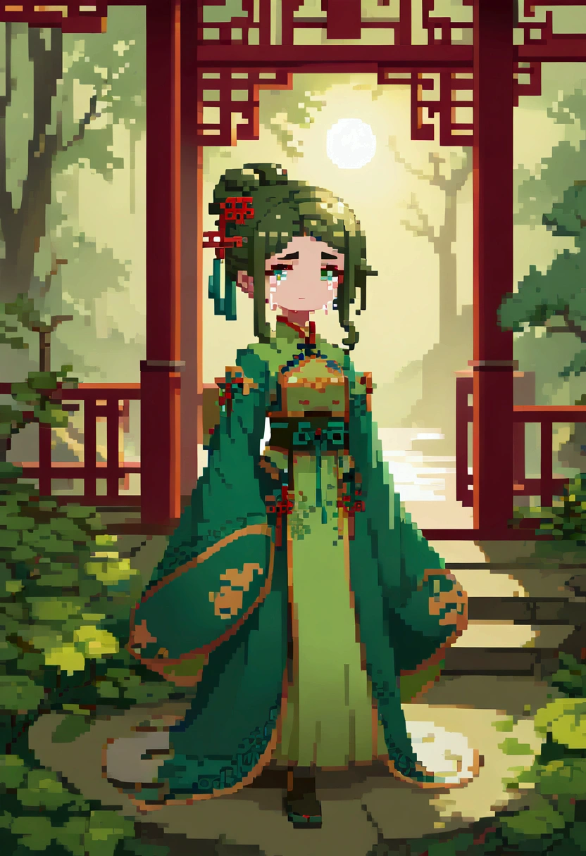 ((whole body)), samdoesarts style award winning whole body portrait of a beautiful woman, ((Perfect female face )),(( Ancient Chinese Green Clothes )), ((Green Peking Opera Costumes )), (Long sleeve) Gazebo, Complex, ( beautiful detailed eyes,  long eyebrows ),((Hairpin, Twist)),(sad), ((Tears)), ( sunshine),  Shadow Flat Illustration ,  Digital Art, trending on artstation,  highly detailed ,  fine details, Complex, by Artgerm、Artwork by rutkowski and alphonse mucha ,