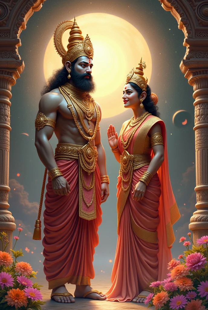 A Supreme lion God Narasimha and goddess Lakshmi carrying India flag in their hands and standing infront of India flag hosting and they are wears white dress in a traditional wear with Indian flag at their heart place and they both smiling beautifully and seeing the flag