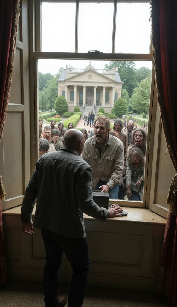  shot ，Window outward ， of a man in a grey jacket being eaten by zombies from the perspective of a villa window。