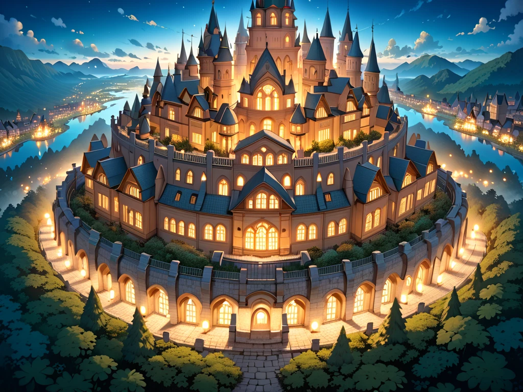 (masterpiece, ultra detailed, top quality:1.4), (Studio Ghibli, animation, PEAnimeBG), (huge peach moons, huge medieval European castle town:1.4), distant night view from above.