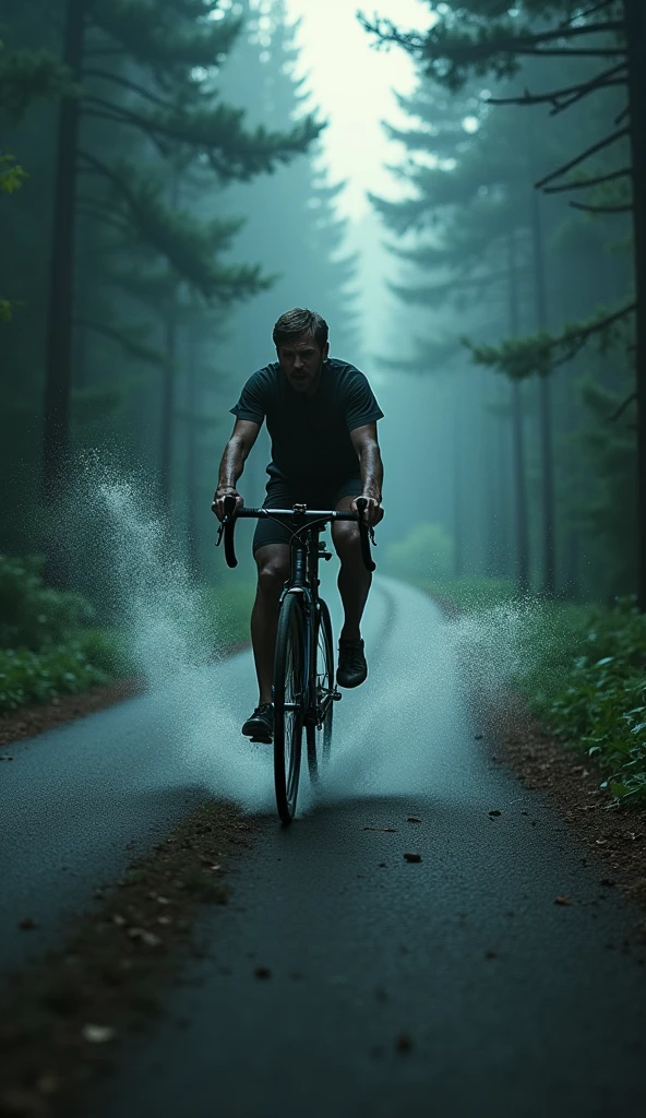 Cyclist, man, on a highway, pedaling, with bicycle, smiling, in the rain