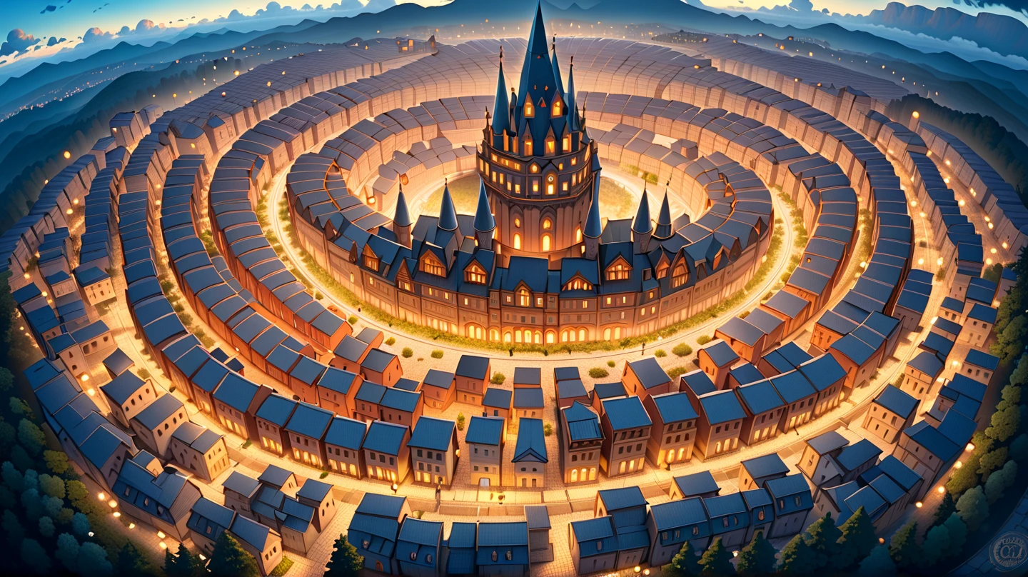 (masterpiece, ultra detailed, top quality:1.4), (Studio Ghibli, animation, PEAnimeBG), (huge peach moons, huge medieval European castle town:1.4), distant night view from above.