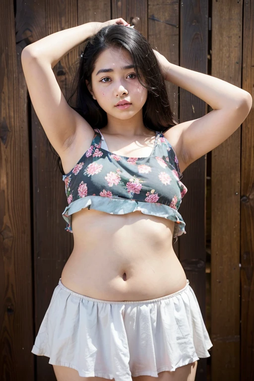 Indian village teen girl wearing a loose cotton sleeveless top and a loose village cotton short wavy skirt with floral pattern.Blush,Parted Lips,slender,curvy and slightly chubby belly ,Navel exposed,Black hair, wrinkles on face, biting nail , shy face