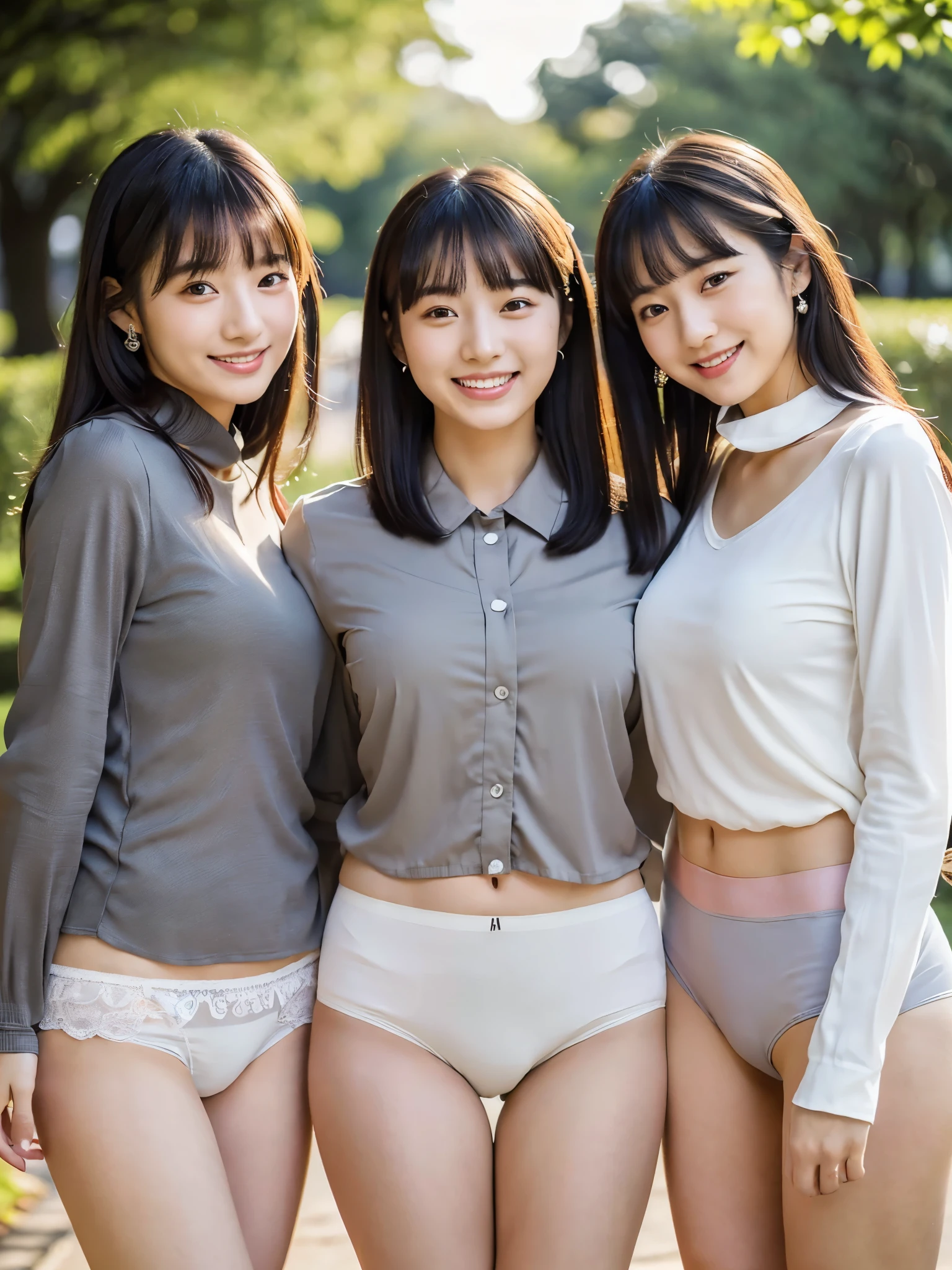 In town,（（（（Three Mature Women:1.8））））,Look at your audience with a smile,（Wearing a black jacket、Wearing panties）,Cleavage,自然なshort hairー,Ultra-realistic,photograph,masterpiece, Highest quality, 8K, Official Art, RAWphotograph, Unbelievably absurd,Amazing beautiful woman, Amazingly cute face,Short sleeve, Gardenia, Viola Lace,45 years old, No makeup, Film Grain, chromatic aberration, Sharp focus, Face Light, Dynamic Lighting, Detailed eyes and face,short hair、White skin、 Background bokeh、Super slim thighs、Sweaty skin