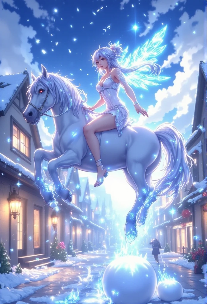 A hyper-realistic illustration of a magical snowball flying through the air with a joyful snow fairy riding on top. The fairy laughs with delight, her flowing silver-white hair streaming behind her as she clings to the snowball with playful elegance. Her delicate crystal snowflake wings shimmer in shades of icy blue, appearing semi-transparent and ethereal. 

She is perched on the snowball as if it were her steed, her posture both graceful and dynamic, exuding a sense of freedom and fun. The background reveals a picturesque winter courtyard blanketed in soft snow, with snowflakes gently falling, each one glistening with subtle sparkles. The soft, cool light enhances the magical atmosphere, creating a whimsical, serene, and enchanting scene.