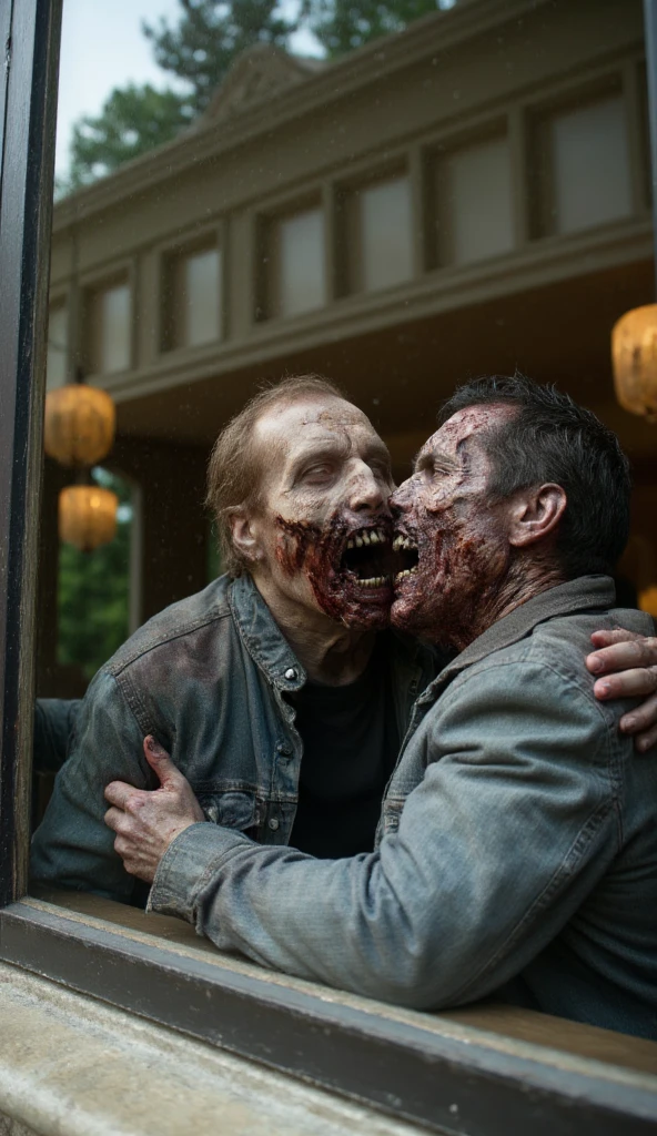  from the perspective of a villa window ，Seen through window glass ， a zombie eating a man in a grey jacket