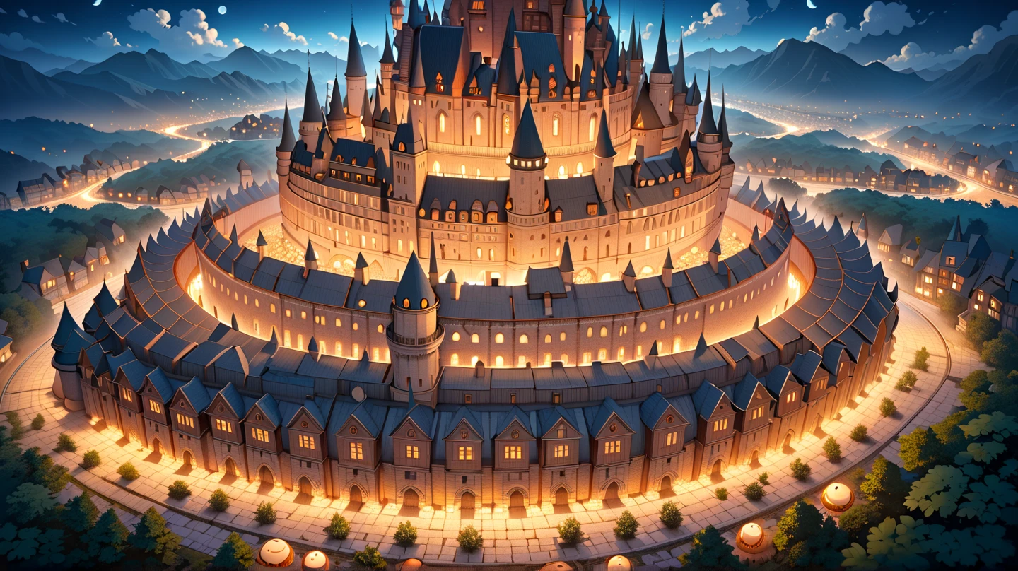 (masterpiece, ultra detailed, top quality:1.4), (Studio Ghibli, animation, PEAnimeBG), (huge peach moons, huge medieval European castle town:1.4), distant night view from above.