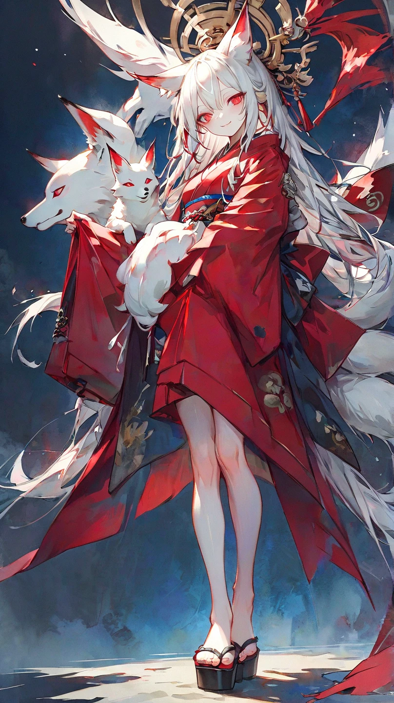 Masterpiece, highest resolution, highest quality, detailed depiction, beautiful, art, watercolor style, Japanese yokai, (beautiful face1.4),((full body shot1.4)),((nine-tailed fox)),front shot 、 Show me all the way to the toes、 anthropomorphized fox, fair skin, slender eyes with distinct red eyeliner, Beautiful silver hair, long hair, fox ears emerging from the head, (beautiful white and red kimono1.4),(long kimono1.4),  I can only see my toes from my kimono、I'm wearing black clogs 、cool beauty, midnight,   smile、full body shot, Night sky background、 4K graphics.