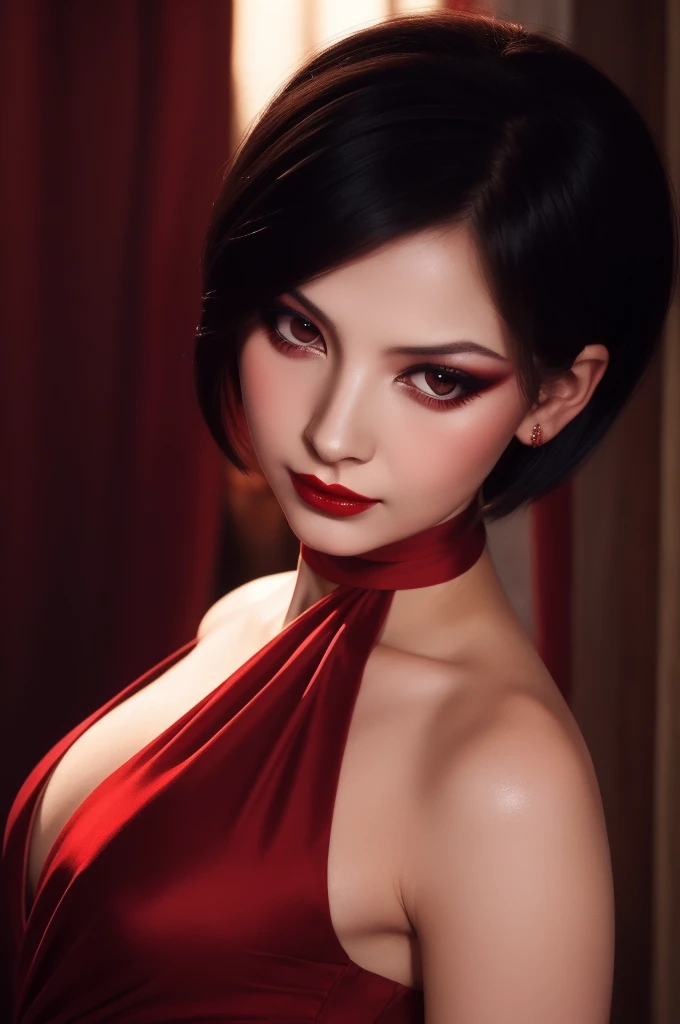 woman pretty, black short hair,brown eyes ,red silk dress,black-chocker ,foxy eyeliner,red lips, portrait pale,soft body,eyeliner, wearing sheer , makeup ,pale woman painting, Caravaggio's paintings、Chiaroscuro of Caravaggio ,simple background