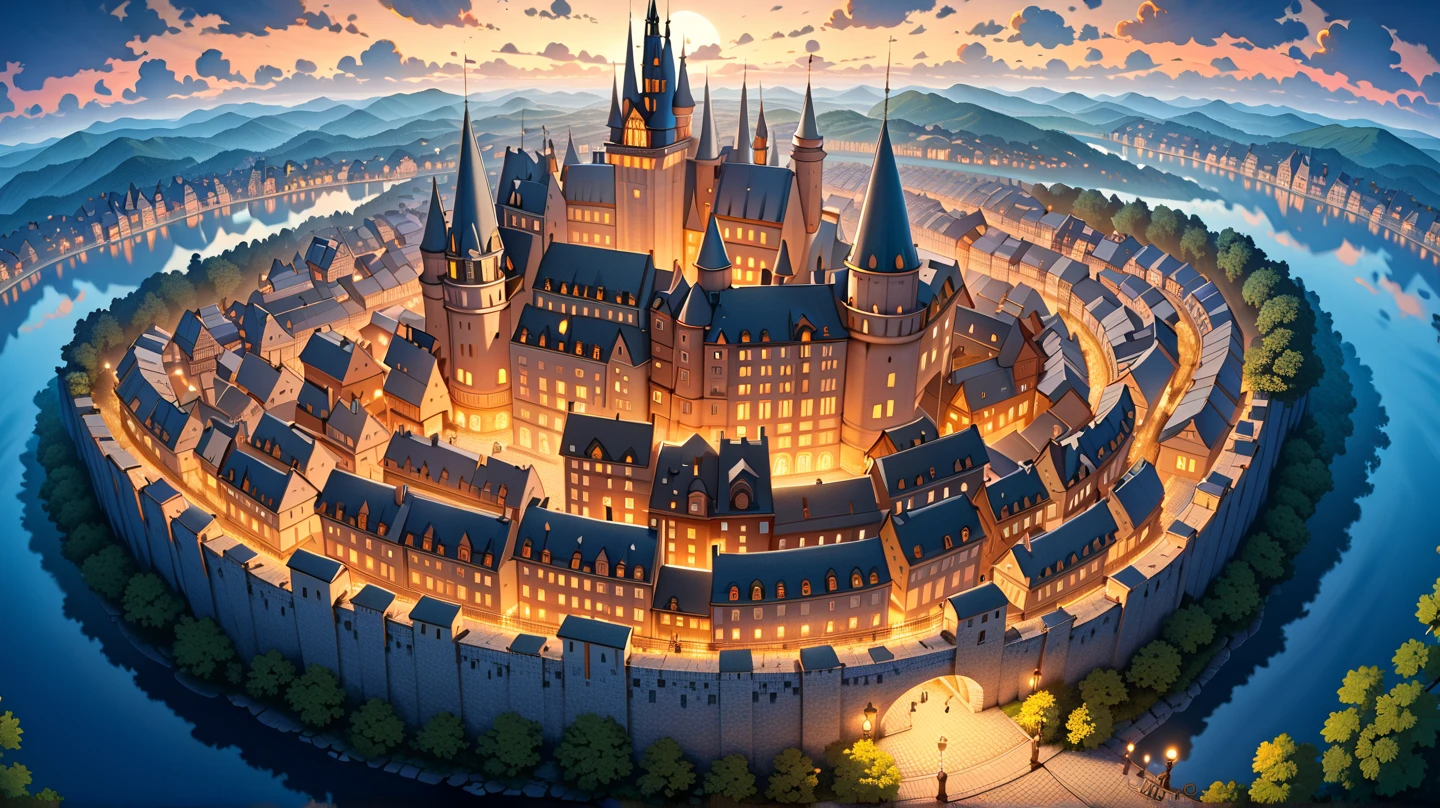 (masterpiece, ultra detailed, top quality:1.4), (Studio Ghibli, animation, PEAnimeBG), (huge peach moons, huge medieval European castle town:1.4), distant night view from above.