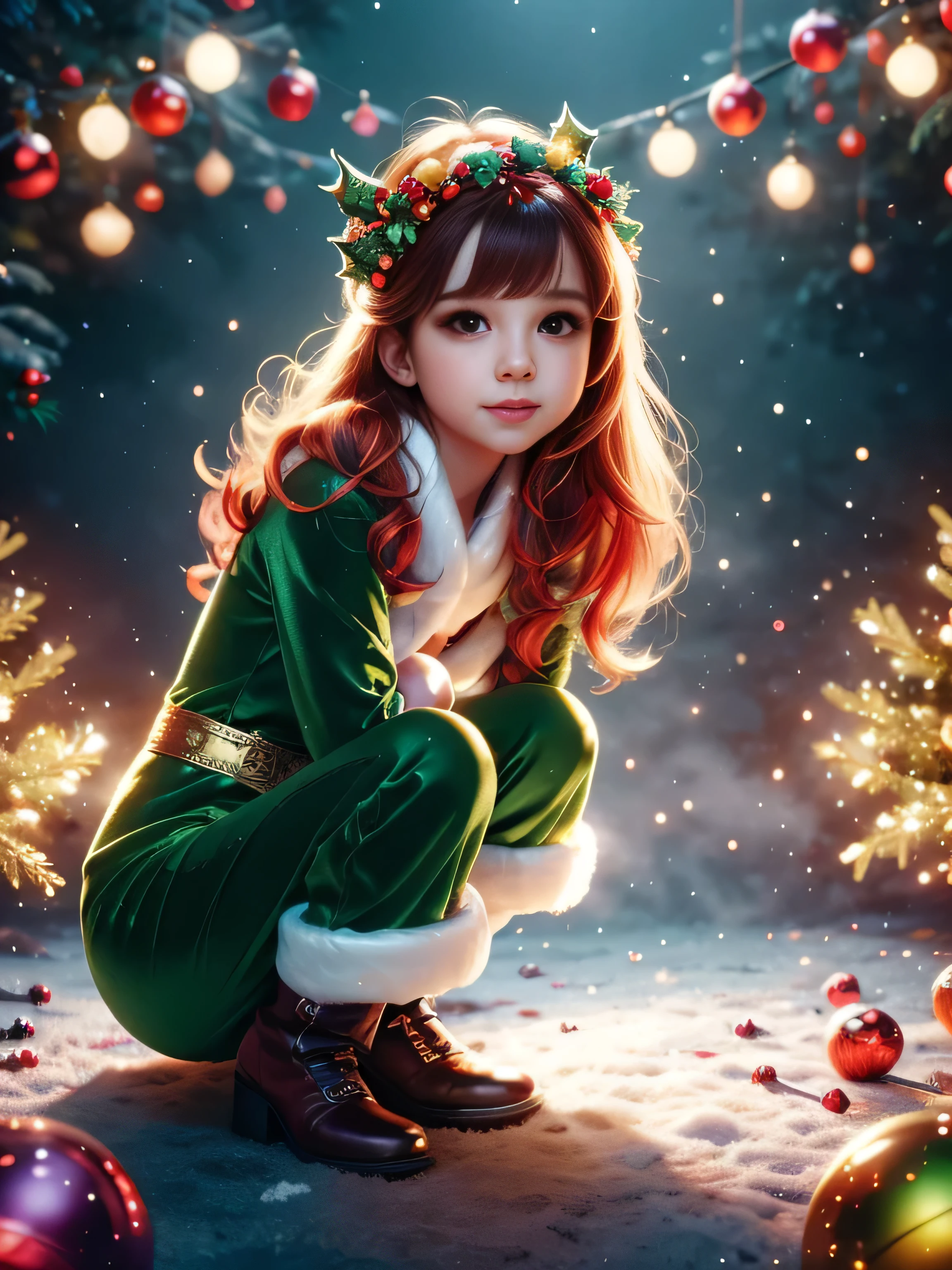 (Best Quality, Super Detail, Masterpiece, Representative Work, Official Art, Professional, Super High Detail, 8k:1.3), (Full Body) Cute girl in fantasy Christmas outfit, high definition, best quality, hyper HD, realistic, vivid colors, expressive, detailed eyes, realistic shading, dynamic lighting. [1 girl, solo, (She is sitting, crouched)), 1 girl, full length, red hair, brown eyes, beautiful face, sexy figure, small breasts, dynamic pose, innocent expressions, playful features, masterpiece, high quality, high detail, in a green velvet jumpsuit with gold accessories, Christmas outfit, Christmas theme, blurred background, fantasy, Gouves style artwork, realism: 1.37, (super fine fantasy art), masterpiece, high quality design and accurate physics (super accurate fantasy style)) art, dark fantasy style)), detailed eyes and face, long eyelashes, vibrant colors, red hair, innocent expressions, playful features, super accurate design and accurate physics), color, depth of field, shadows, ray tracing, (accurate simulation of the interaction of light and materials)], intricate Christmas decorations, glowing garlands, sparkling decoration, natural light, soft background, photorealistic, sparkling eyes, sharp focus, glowing skin, cute and mischievous look, hint of mischief, dreamy atmosphere, delicate details, soft ambient light, (Backlight:1.3), (Cinematic:1.2), intricate details, (ArtStation:1.3)