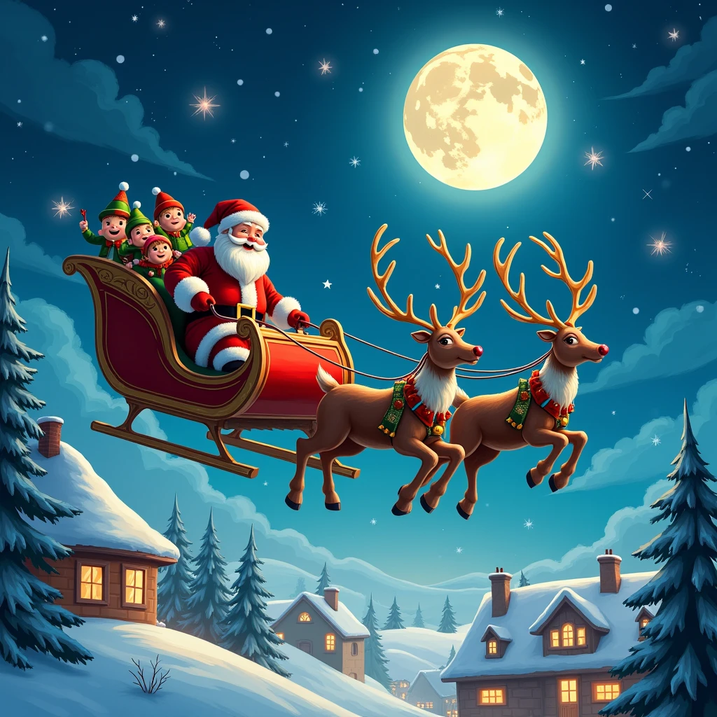 Santa Claus and the Reindeer in the skyNight sky over a snowy landscape . Santa Claus flying in his reindeer sleigh , with the full moon lighting up the sky .Festive and magical , with intricate details and vibrant colors .Predominance of blue and white , with flashes of red and gold . Santa ClausA cheerful and sturdy man in a red and white suit , guiding the reindeer from their sleigh . Traditional Santa Claus clothing , with white leather details and a black belt .RenosA group of reindeer pulling the sleigh , with harnesses decorated with bells and ribbons . Robust and elegant reindeer , with majestic horns and glowing eyes . leprechesLittle cheerful creatures accompanying Santa Claus on the sleigh.green and red clothes, with pointed hats and shoes with rattles . Stars shining in the sky and the full moon lighting up the scene. A snowy landscape with houses decorated with Christmas lights below . Warm and bright light , with an aura of magic and Christmas joy . Subtle movement in the reindeer flying and the stars twinkling . High resolution , with crisp details and an artistic finish .