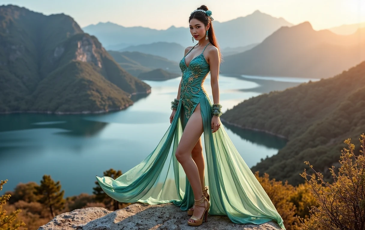 (Best Quality), (ultra-detailliert), (master piece), (hight resolution), 16K resolution, 1 woman, 20 years old, Candice Swanepoel, looking at viewer, close up shot, close up portrait, view from above, sassy smile, radiant smile, seductive, lustful facial expression, confident, (hands on hips:1.8), (Outfit: Elegant, enchanting, long and fitted dress, skintight dress, white satin dress, sleeveless dress, golden hip belt with gold buckle, Belt is adjusted too tight, golden jewelry.) golden necklace with ruby, ((blue eyes, detailed eyes)), blond hair, long wavy hair, (beautiful and detailed face), hourglass body shape, slender waist, thin body, narrow shoulders, clean sunbuthed skin, hands on hips, hand arround waist, puts hands on hips, holds wasit with hands, The scene is set on the wooden dock extending over the calm lake, with Hogwarts castle visible in the distance atop a dominant hill. The surrounding environment features a lush forest bordering the gravel path that leads from the dock to the castle. Hogwarts castle, wooden dock, tranquil lake, steep hill, lush forest, gravel path.