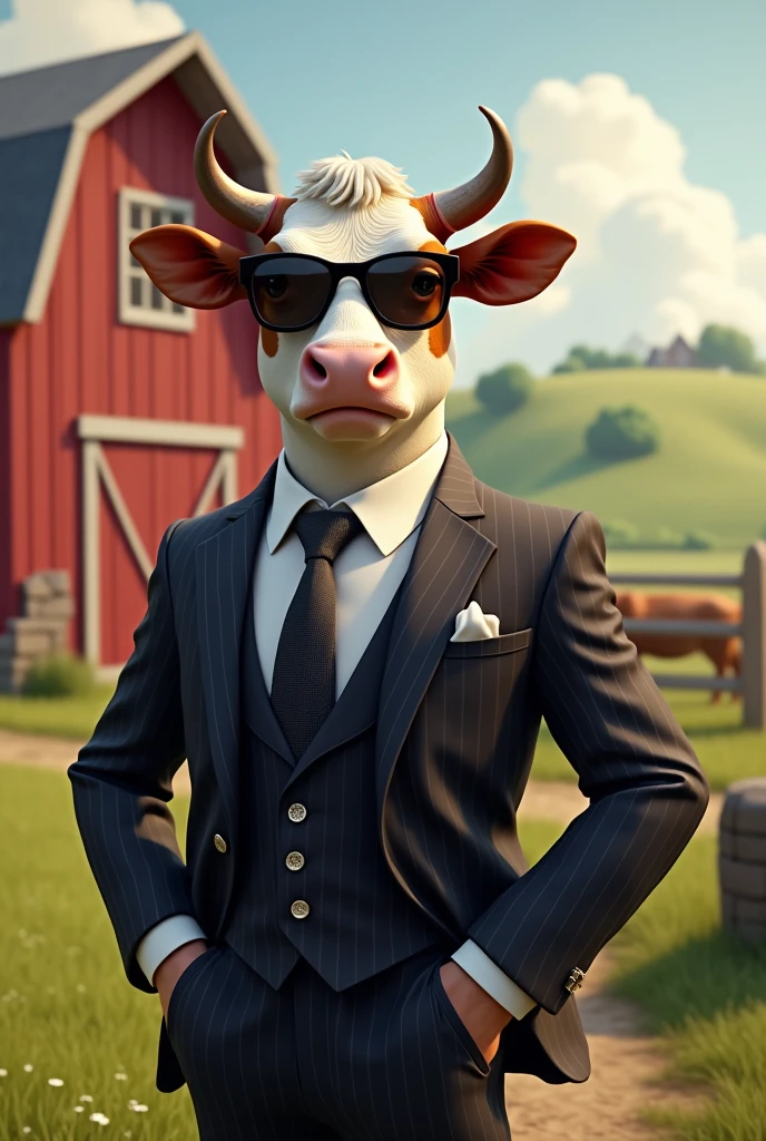 A cow standing on 2 legs, He is smiling, dressed in a black suit, wearing dark glasses, holding a bottle of yogurt in his right hand.