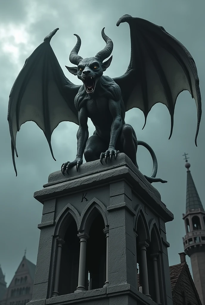 (medium full shot) of (gothic marble blue cracked stone gargoyle) with wingless body, gray eyes, curved horns, armored plates, set in a grand city rooftop, with majestic spires, glimmering lights, a sense of wonder , ,Masterpiece,best quality, raw photo, realistic, very aesthetic, dark
