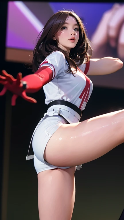 8k,masterpiece, Highest quality,big, (1 person), Tifa Lockhart, red_eye, Black Hair, Long Hair, Professional Lighting, (Glowing Skin: 1.2), shiny big, ((Highest quality)), Sharp focus: 1.2, Highly detailed face and skin texture, detailed eye, Perfect Face, Perfect body, Blur Art, CG, Background Big Tits, before (20-year-old, Mature, cool and beautiful face), Worn (Black skirt with suspenders), Boxing gloves, Boxing Ring, White Tight Shirt, thigh, black tight pants, White tank top, belly button,grinning,From Below,Look At View,Victor,Full body,