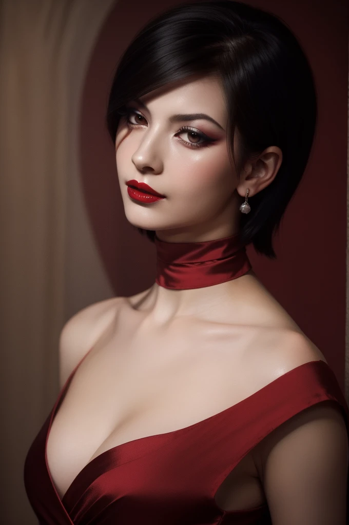 woman pretty, black short hair,brown eyes ,red silk dress,black-chocker ,foxy eyeliner,red lips, portrait pale,soft body,eyeliner, wearing sheer , makeup ,pale woman painting, Caravaggio's paintings、Chiaroscuro of Caravaggio ,simple background